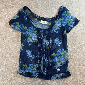 Abercrombie & Fitch Floral Ruffle Front Sheer Top Blouse XS‎ Blue Green